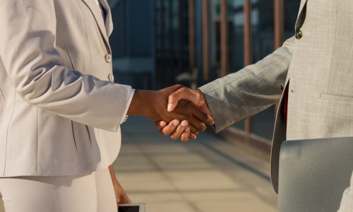 African American businesswoman shaking hands with male partner. Closeup of business colleagues handshake. Corporate meeting concept